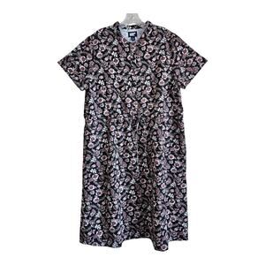 LANDS END Women's L 14 16 Dress Paisley Brown Pink Drawstring Waist 1/2 Buttons